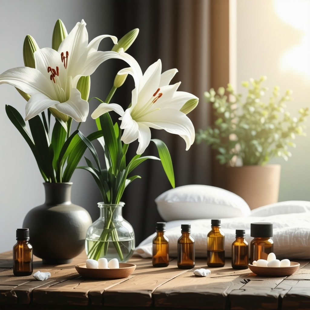 Therapy room with lilies and aromatherapy setup Vase of white lilies with essential oils in a calming therapy room