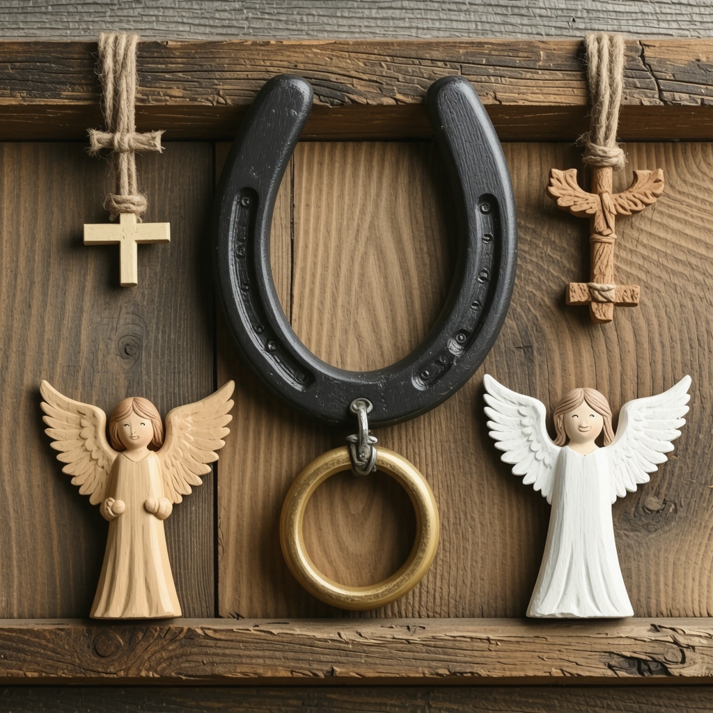 Traditional Polish Superstition Symbols Symbols of Polish superstition such as horseshoe, angel figurine, and lucky ring on wood