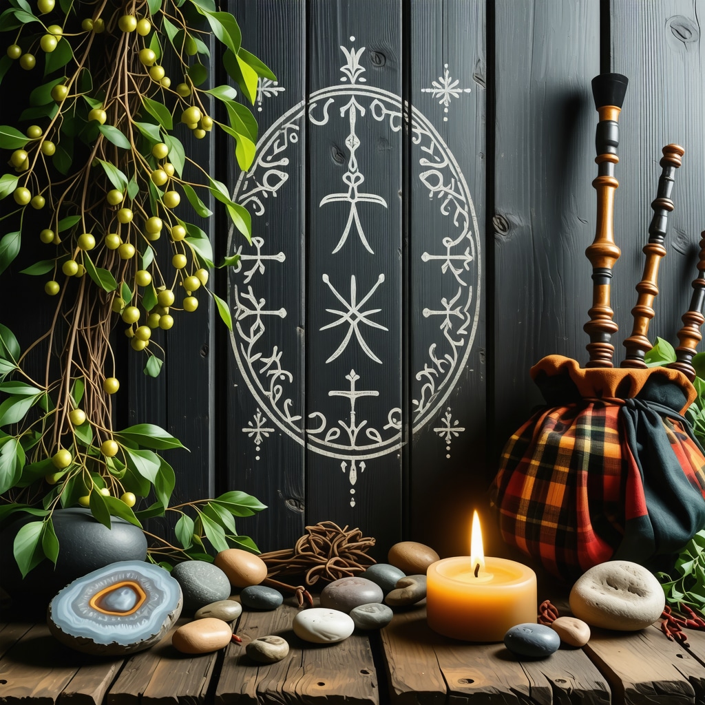 Symbols drawn in ash on a wooden door with Scottish ritual elements like mistletoe, agate stones, and bagpipe in background