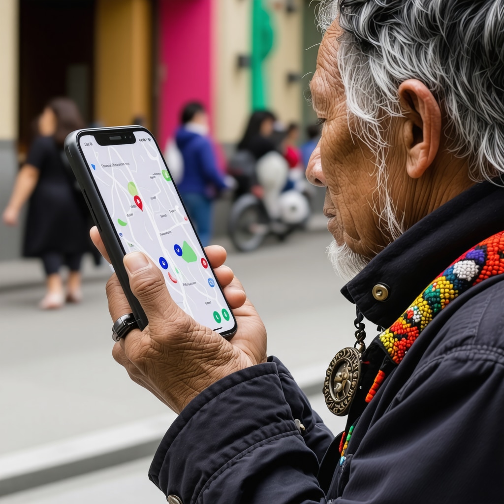 Traveler using smartphone with protective amulet symbolizing fusion of modern technology and ancestral wisdom
