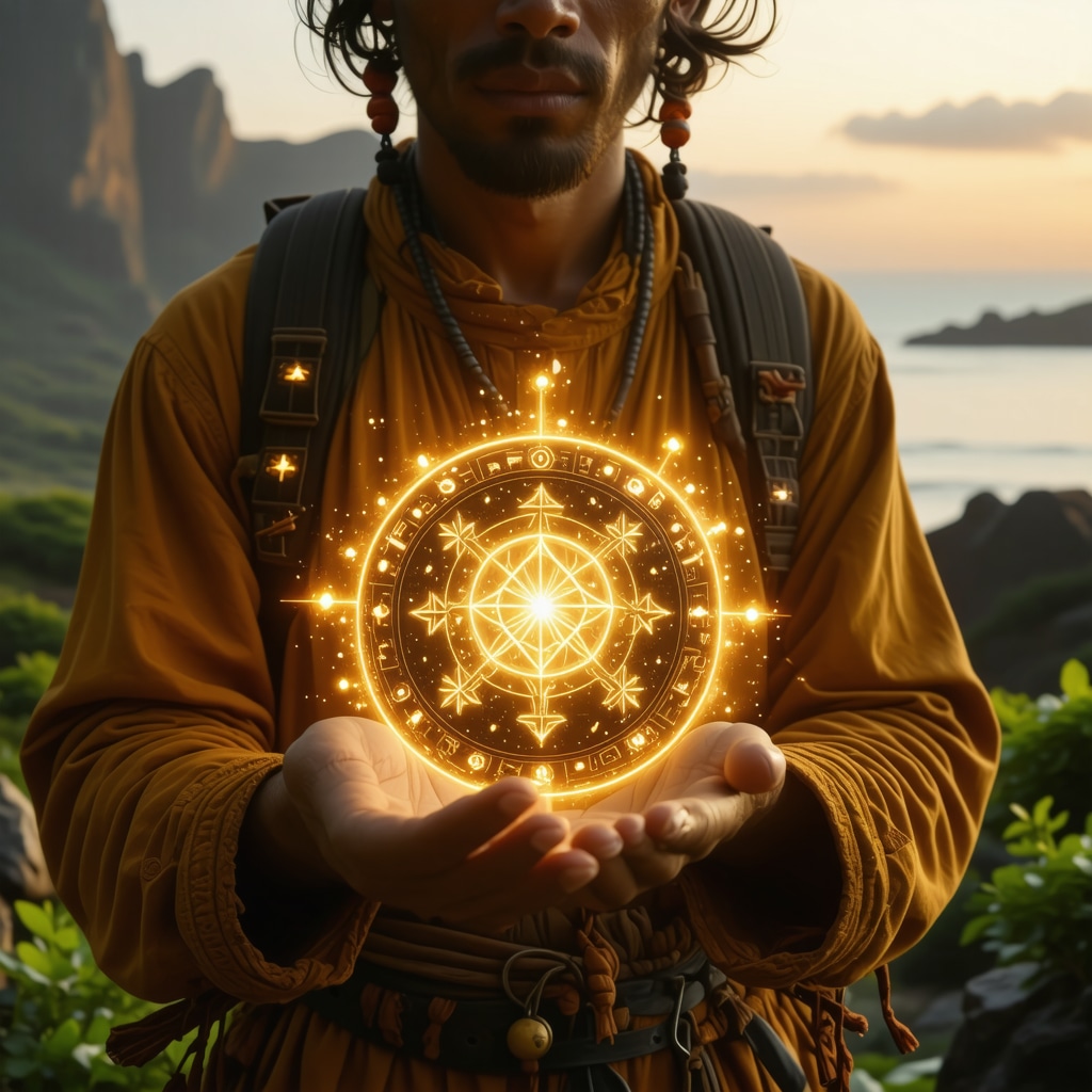 Traveler holding a glowing amulet combining ancient symbols and modern psychological motifs in a natural dawn setting