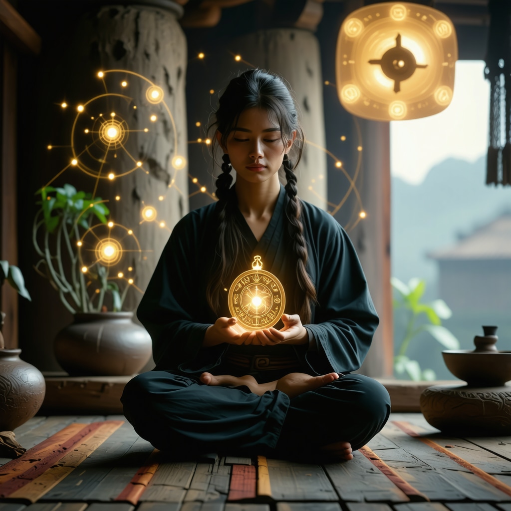 Traveler Meditating with Protective Amulet and Digital Symbols Traveler holding an ancient amulet with digital augmented reality symbols surrounding them during meditation