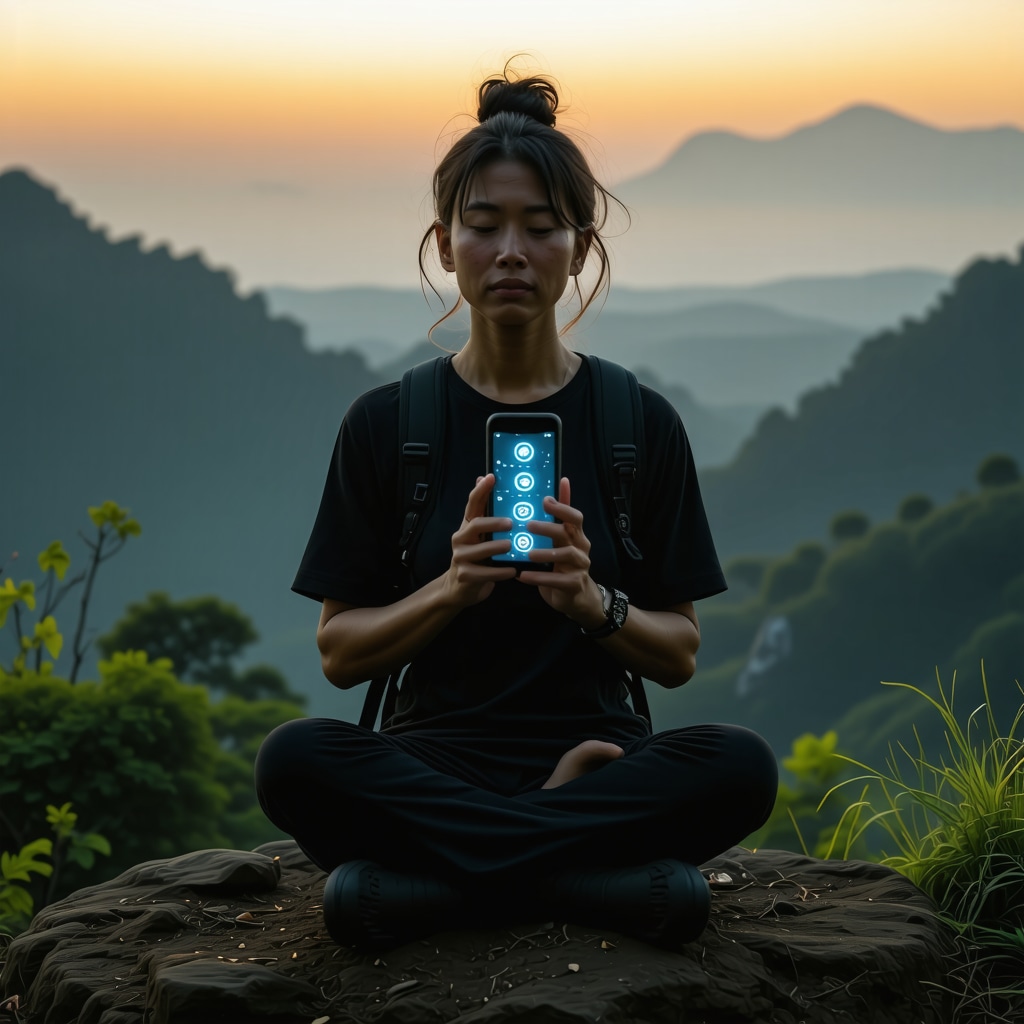 Traveler meditating with smartphone showing travel safety apps and spiritual symbols at twilight