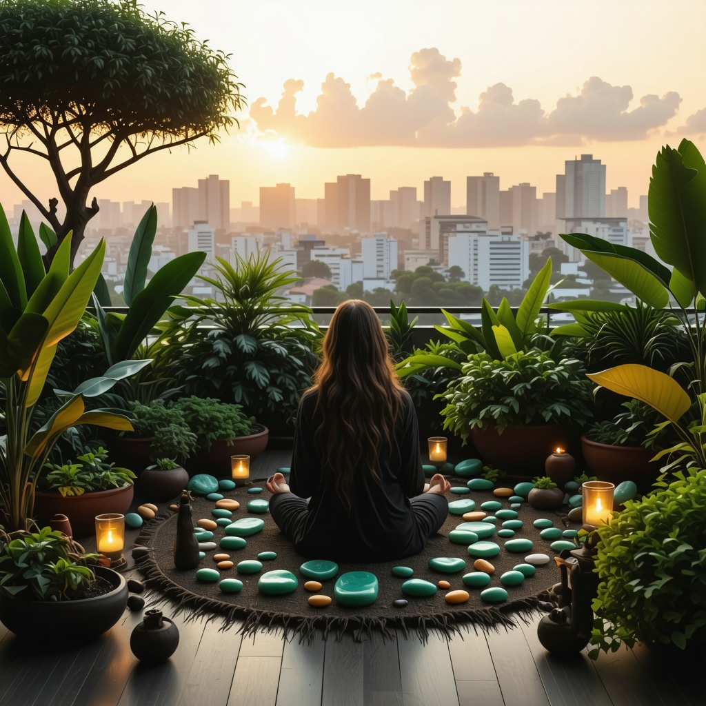 Person meditating in an urban rooftop garden decorated with traditional Maya symbols and natural elements