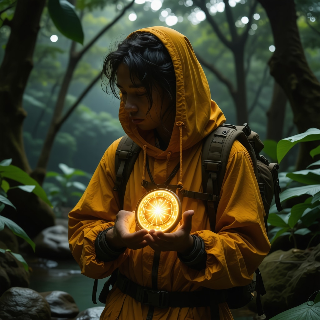 Viajero utilizando un dispositivo digital con símbolos protectores en un entorno natural