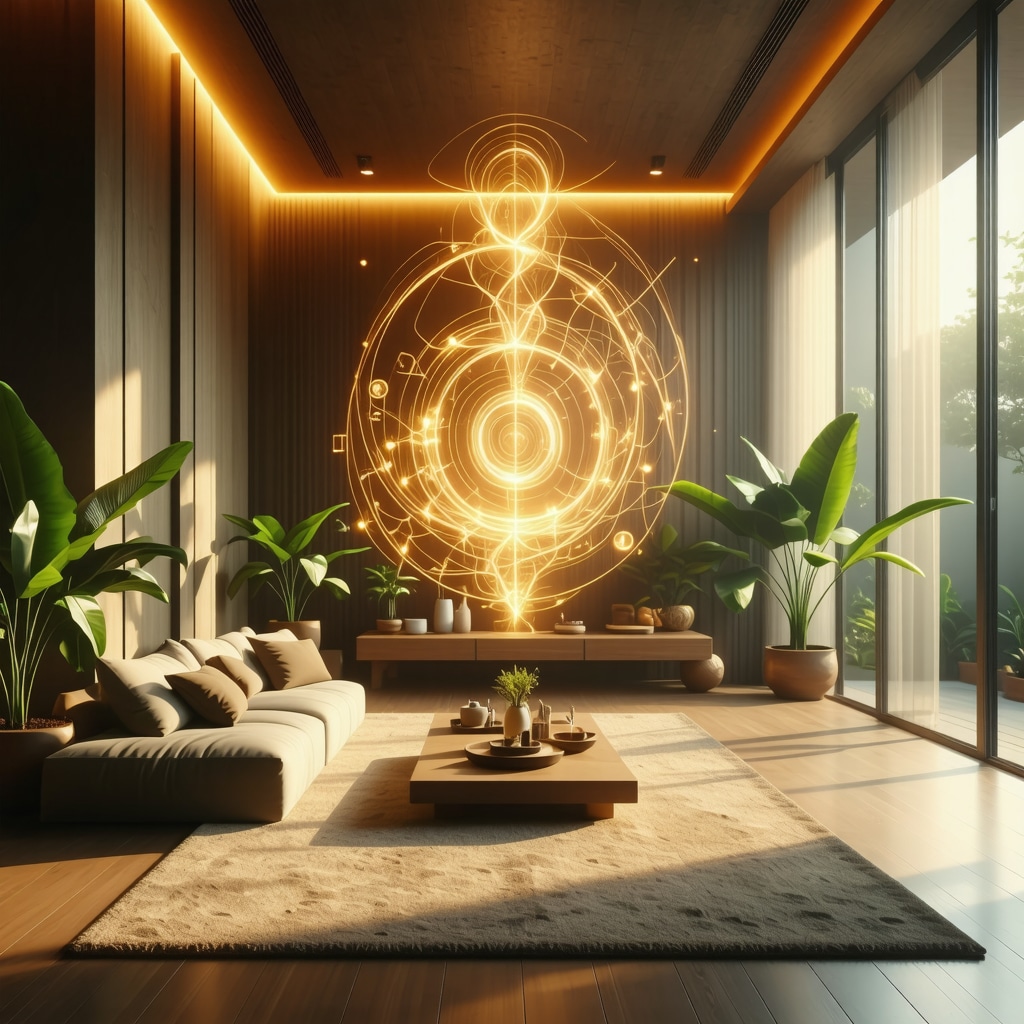 Ilustración de flujo energético en un hogar moderno con símbolos ancestrales de armonía