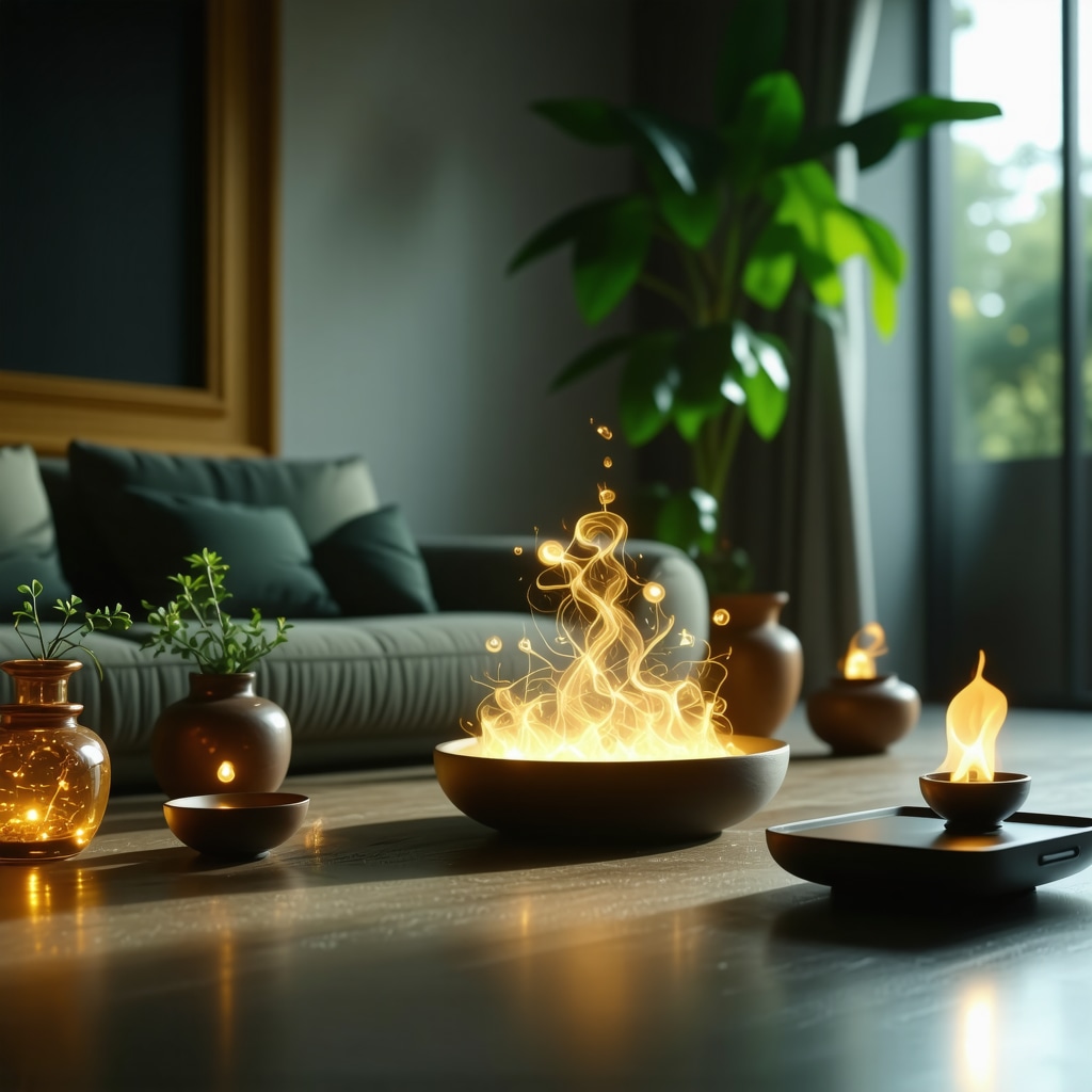 Illustration of subtle energy fields in a home environment combining traditional and modern elements
