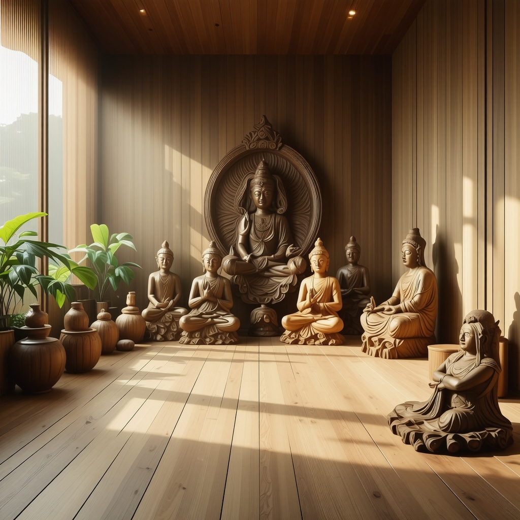 A calm meditation area featuring hand-carved wooden sculptures bathed in soft natural light symbolizing spiritual and ancestral connection