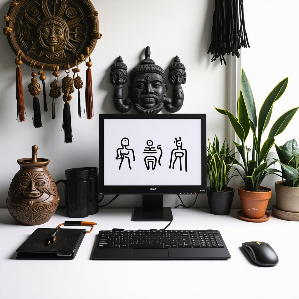 Workspace showing blend of Chilean amulets and digital symbols for luck Modern Chilean workspace with traditional amulets and digital lucky symbols