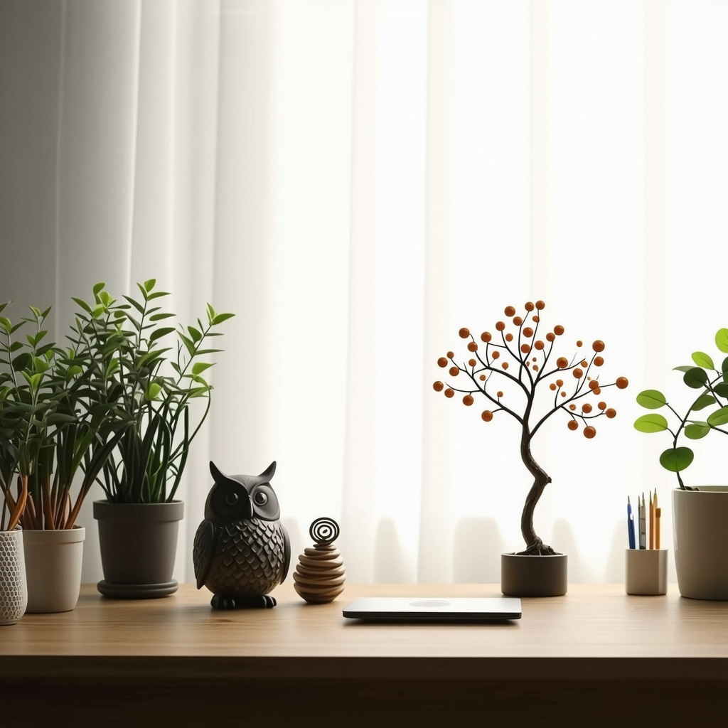 Office desk featuring owl figurine, spiral art, and tree of life sculpture surrounded by plants