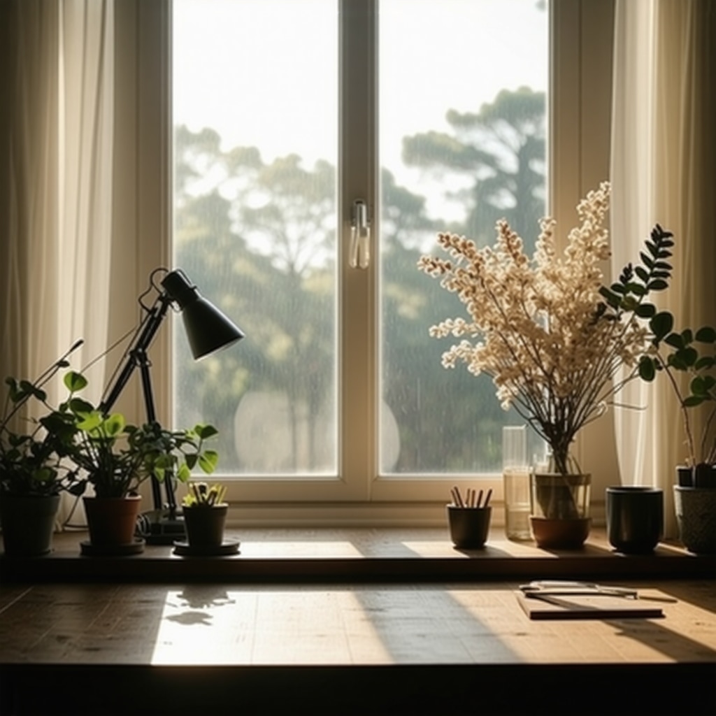 Workspace showing open windows with flowing air and symbolic feathers
