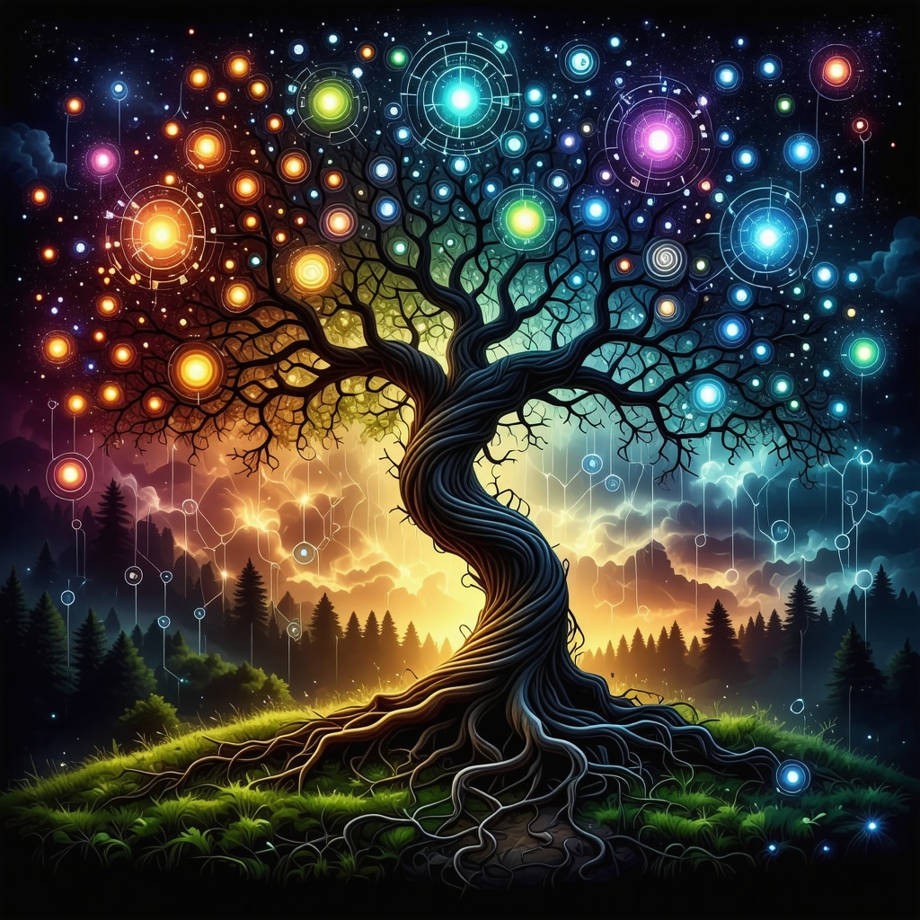 Digital illustration of Yggdrasil tree blending ancient Nordic symbols with modern digital aesthetics