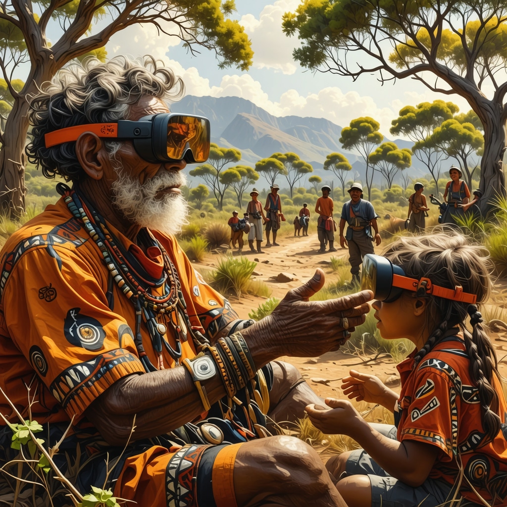 Elder and youth using augmented reality to learn Dreamtime stories in Australian outback