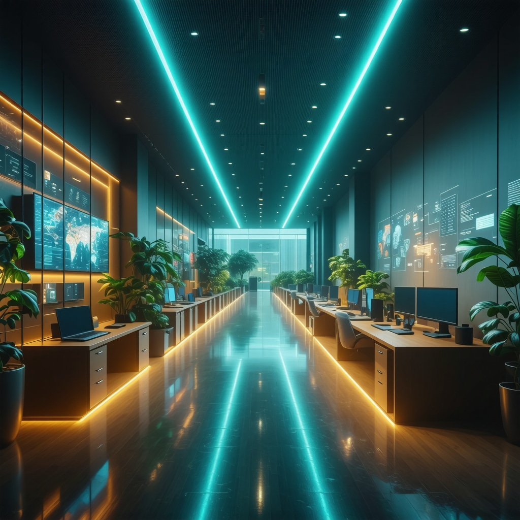 Office space with dynamic color lighting adjusted by biometric sensors for productivity and wellness