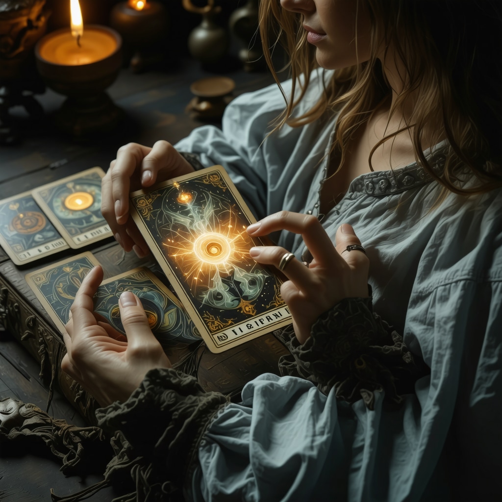 Professional tarot reader performing an advanced reading with symbolic and energetic overlays in a mystical setting
