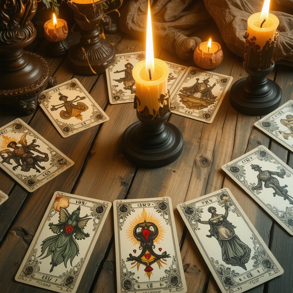 Spread of tarot and Lenormand cards with love-related symbols on wooden table under candlelight