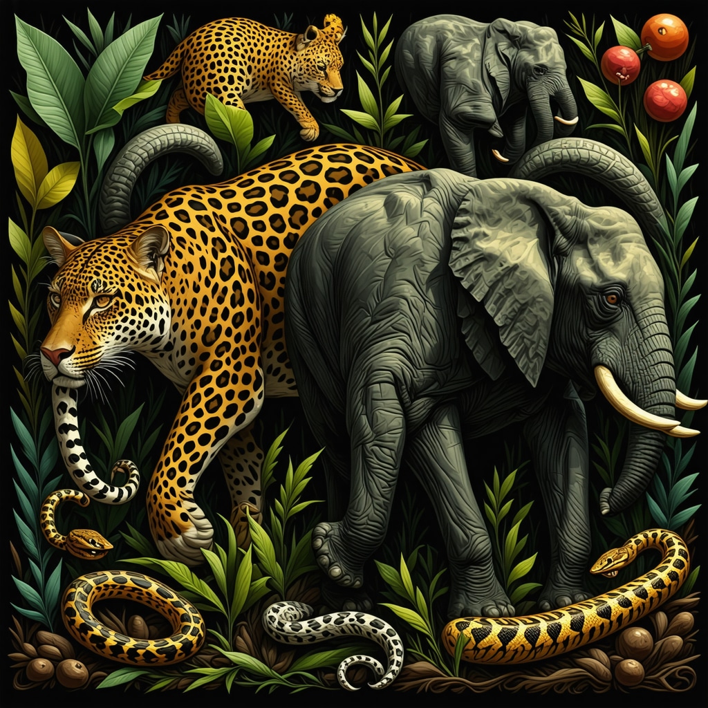 Colorful African tribal art showing animal totems like leopard, elephant, and snake blending with natural motifs representing culture and nature