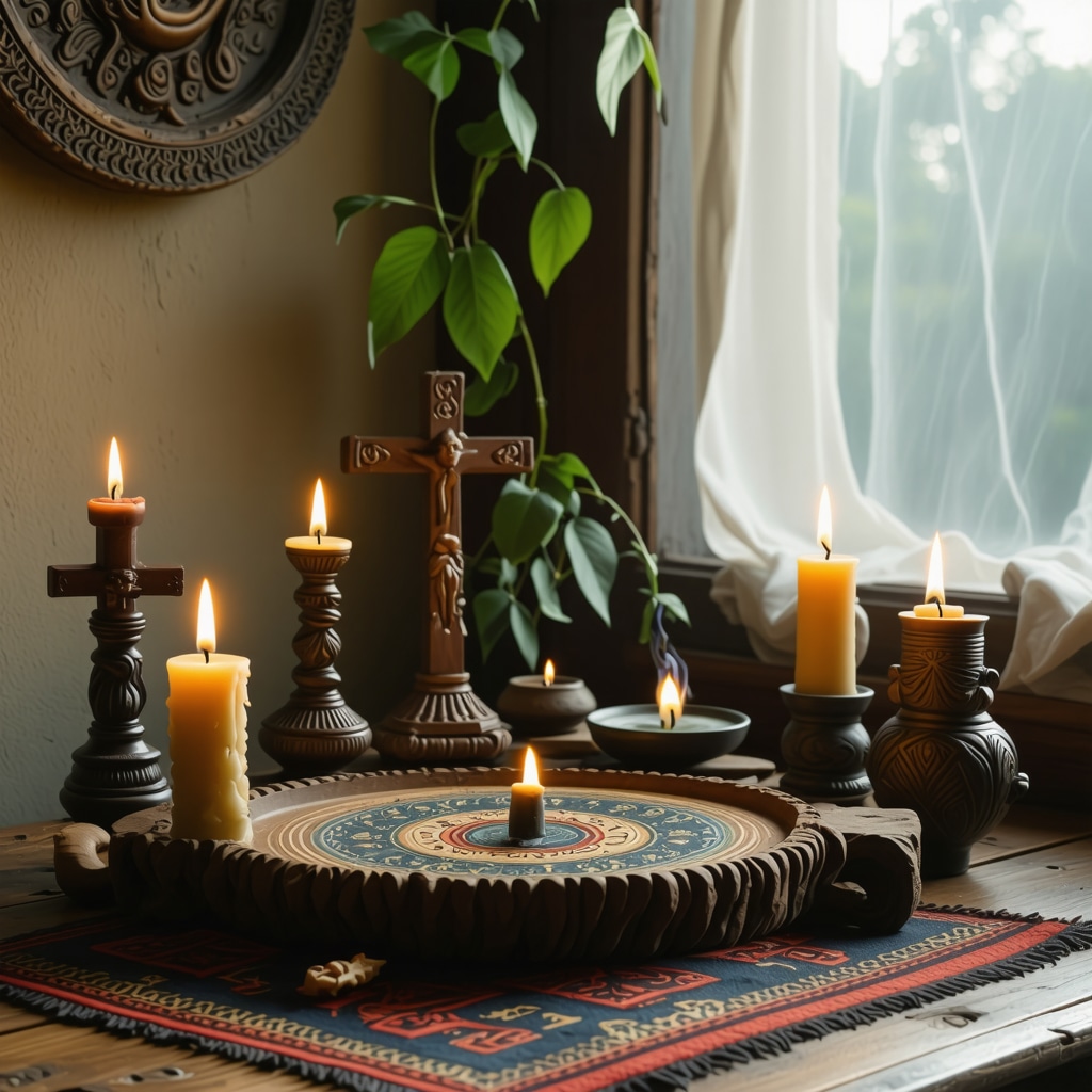 Altar en un hogar con símbolos religiosos diversos, velas encendidas e incienso, representando armonía espiritual y neurobiológica