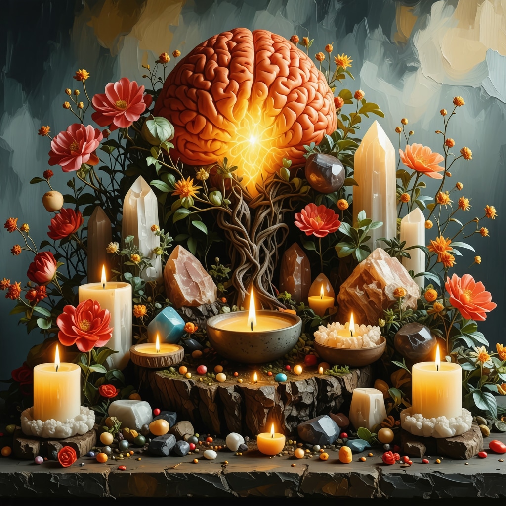 Altar combining natural ritual elements and scientific imagery for August agüeros