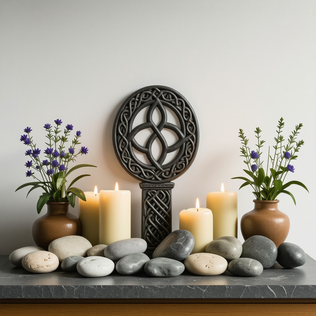 Altar hogareño con símbolos celtas, flores silvestres irlandesas y piedras de río, mostrando la integración de tradición y modernidad