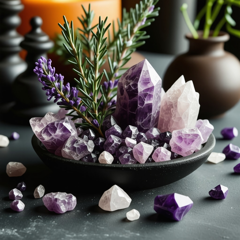Altar setup with crystals, aromatic plants, and warm colors representing a multisensory Sunday ritual
