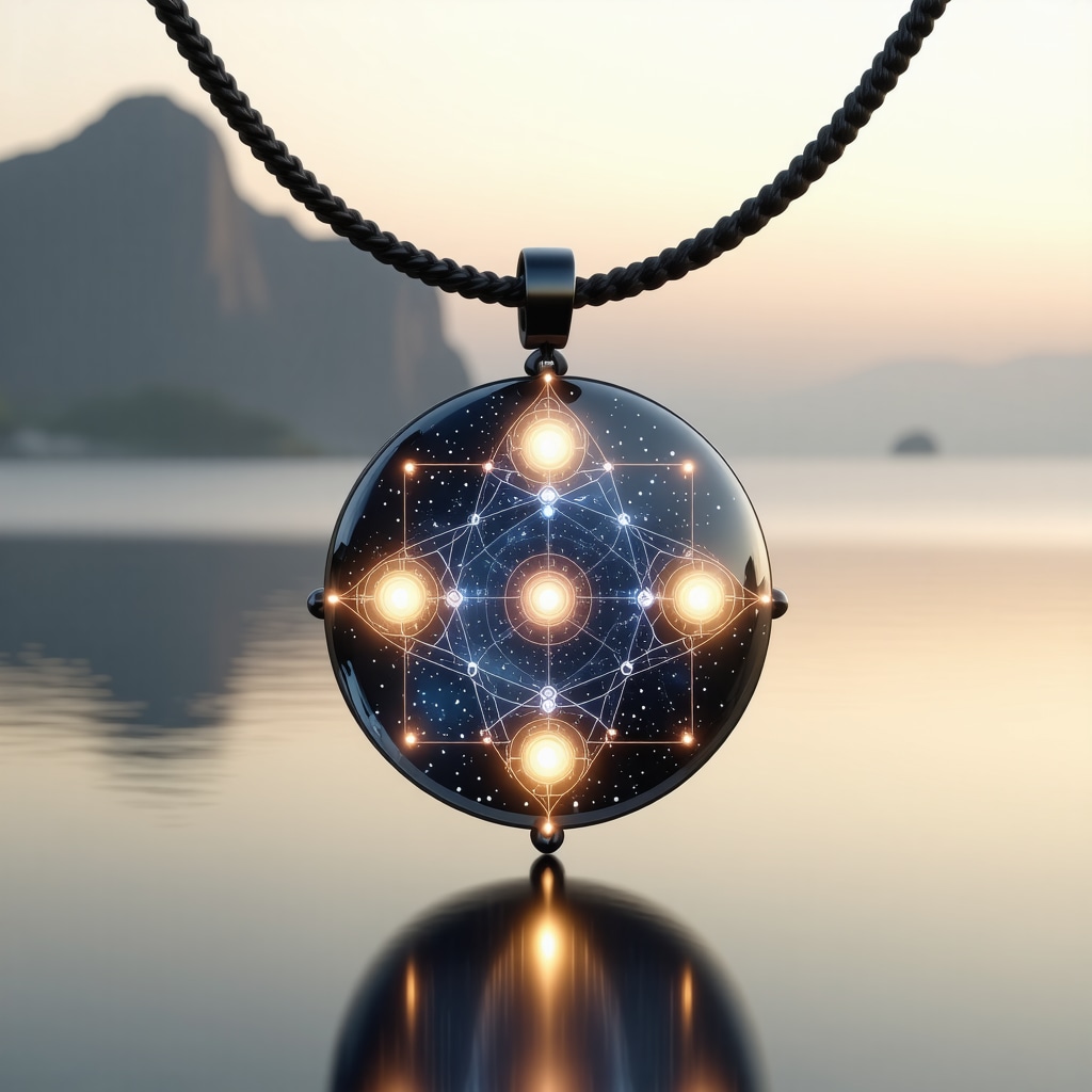 Amuleto futurista con símbolos geométricos sagrados y diseño biomimético que representa la integración de tecnología y espiritualidad