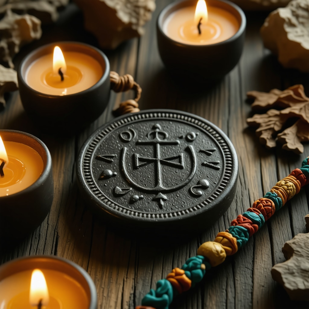 Amuletos tradicionales cubanos con símbolos mágicos iluminados y velas alrededor