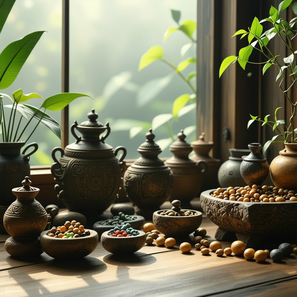 Ancient artifacts like amulets and relics arranged in a Feng Shui-inspired interior with natural light