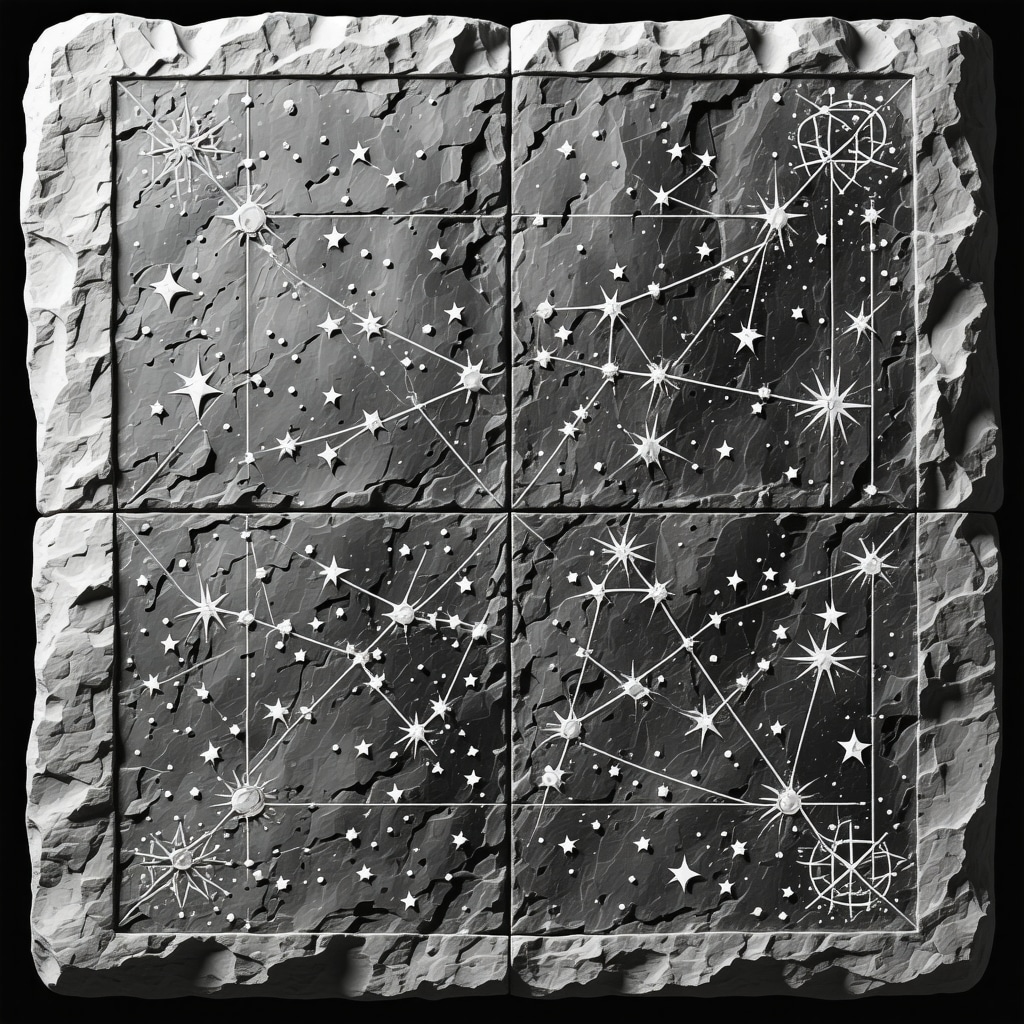 Stone tablets with carved ancient celestial symbols and geometric patterns representing cosmic rituals