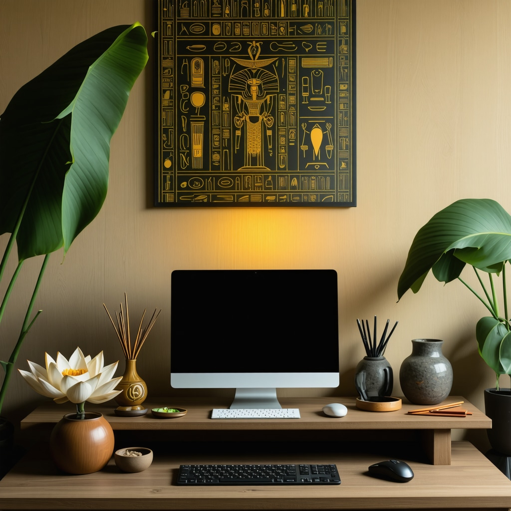 Glowing Egyptian symbols on a modern desk with lotus flowers and incense