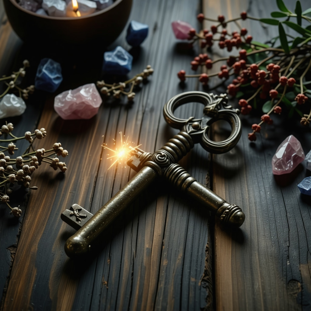 Close-up of an ancient iron key glowing with mystical energy on a wooden table with herbs and crystals under moonlight