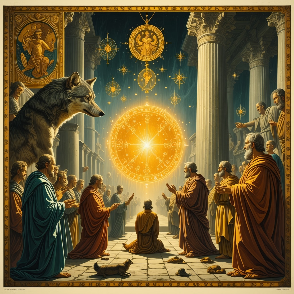 Artistic illustration of Roman wolf symbol, fascinus amulet, and ritual haruspicy scenes