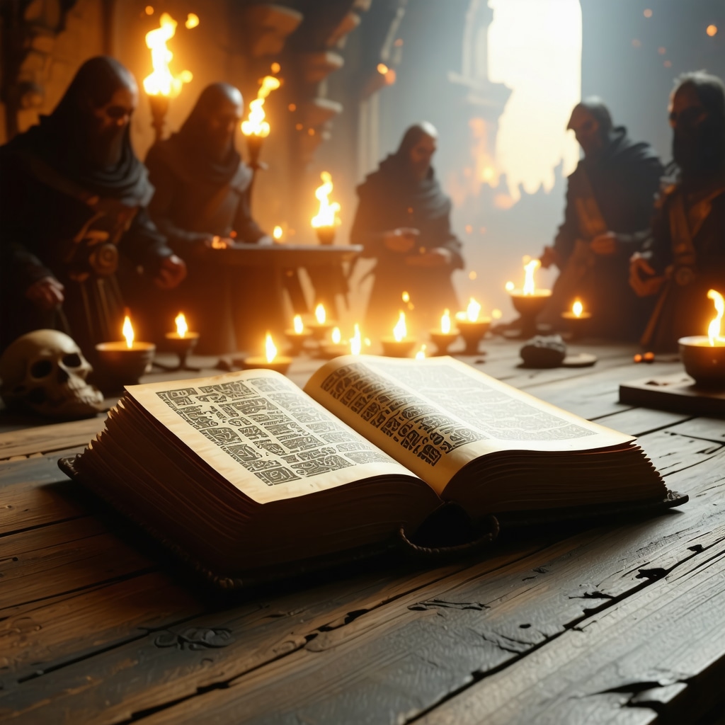 Ancient book open with glowing mystical symbols and shadowy figures representing folklore and terror legends