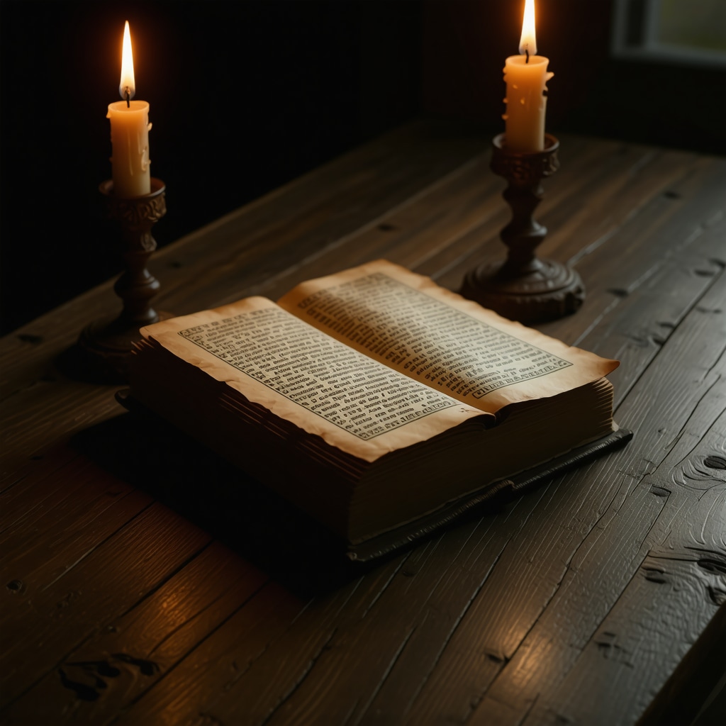Open ancient book with ghostly shadows and flickering candles symbolizing folklore and emotional impact