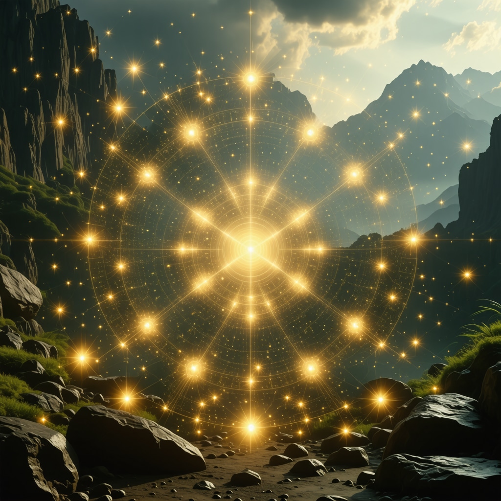 Ancient mystical symbols glowing over nature Glowing mystical symbols blending science and spirituality over natural landscape