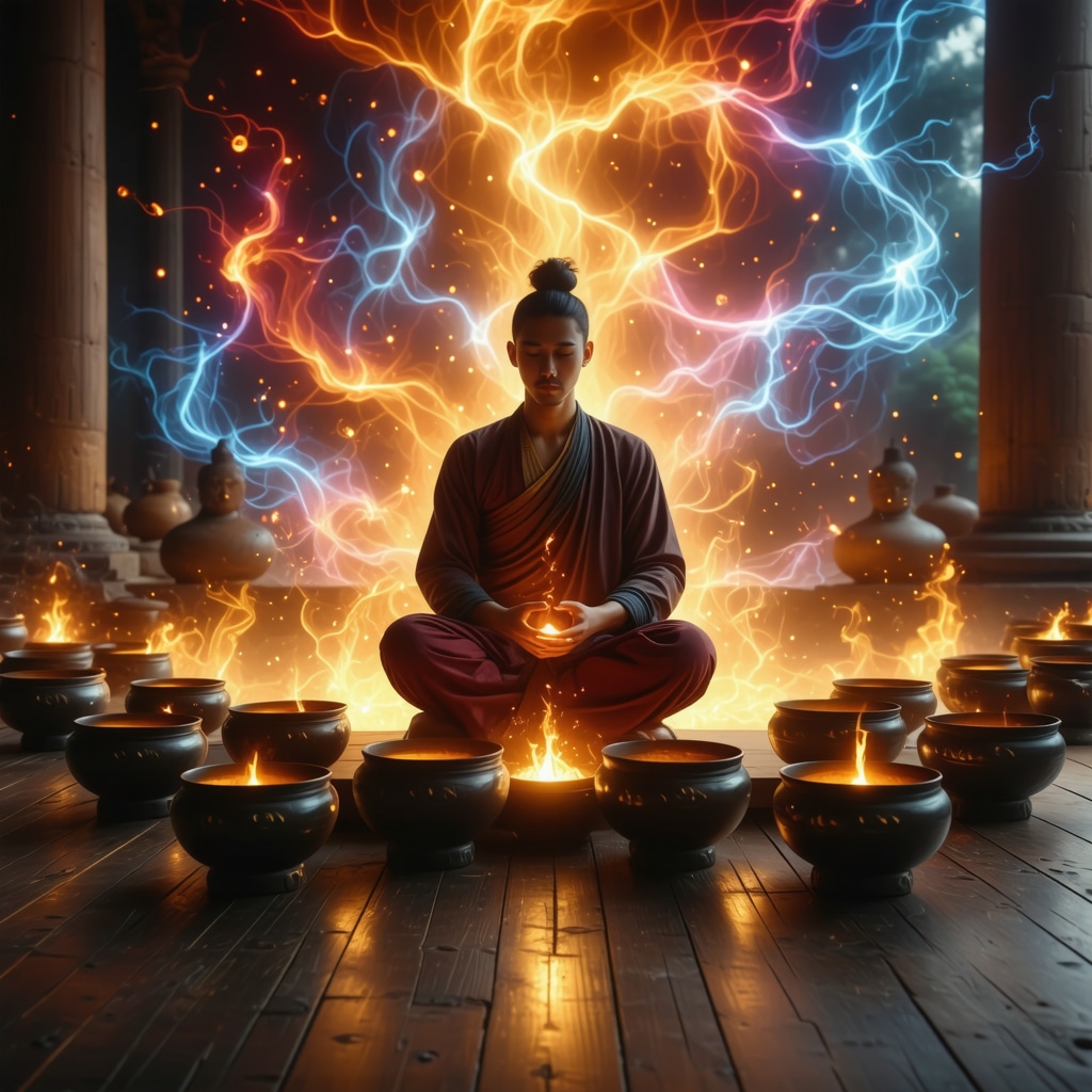 Ancient mystical object glowing with energy waves during meditation with Tibetan singing bowls