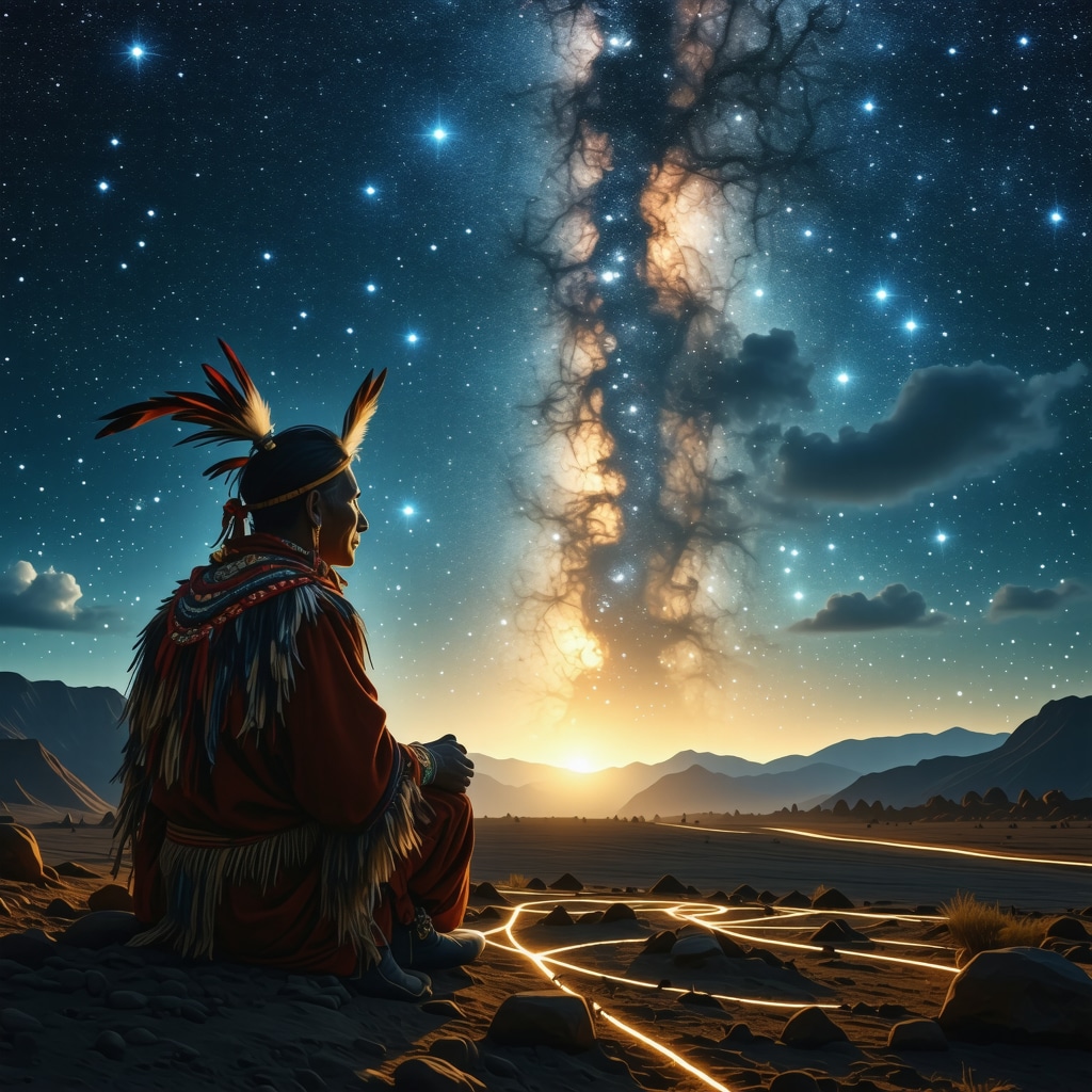 Illustration of an Andean shaman watching mysterious night lights with Nazca lines beneath, symbolizing the intersection of myth and science