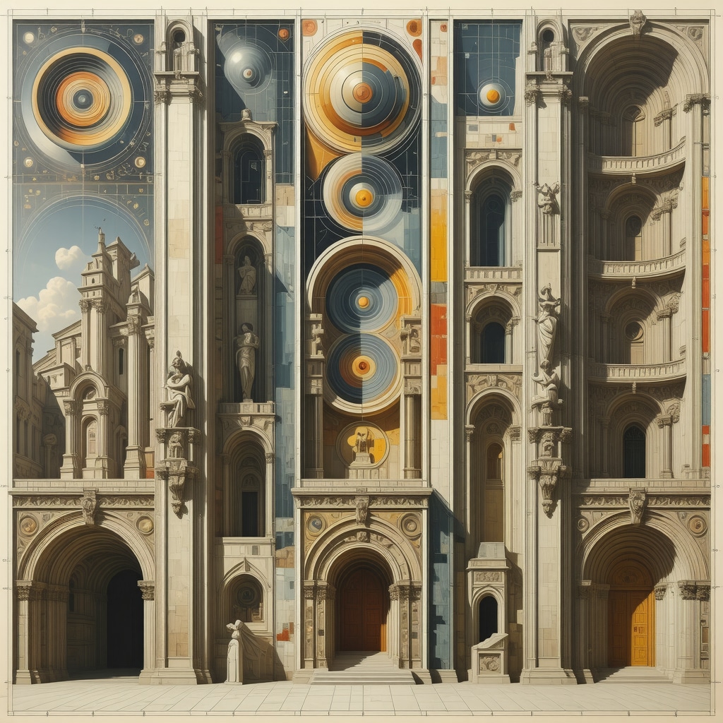 Collage depicting sacred geometry patterns overlaid on buildings with natural materials and augmented reality elements