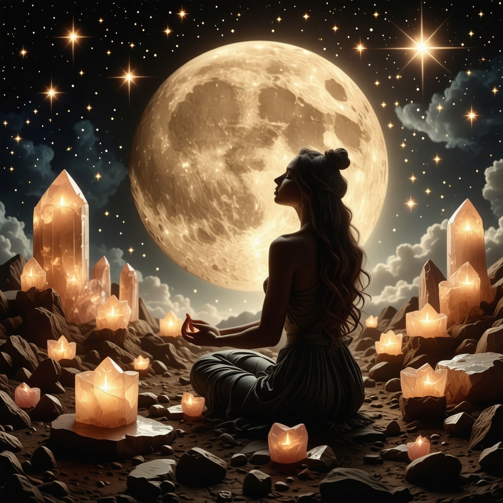 Symbolic astrology and meditation scene with Venus, crystals, full moon, and constellations for love rituals