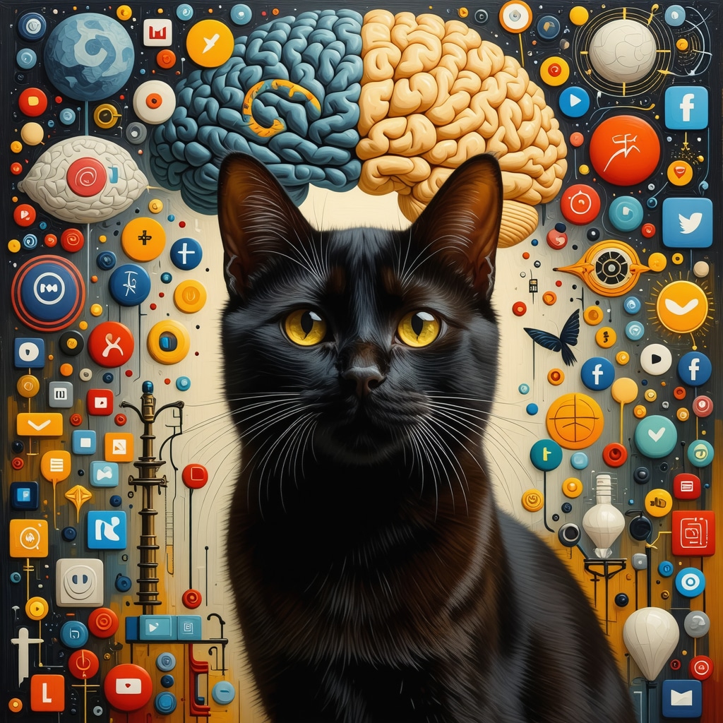 Artistic collage of a black cat with brain neural imagery, cultural symbols, and social media icons