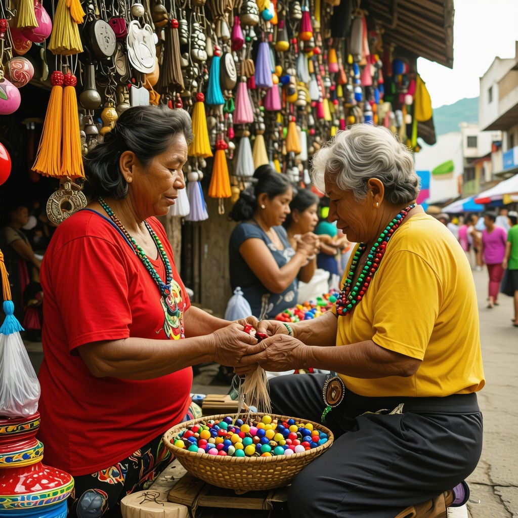 Colorful Brazilian street market featuring people performing traditional prosperity rituals and displaying amulets