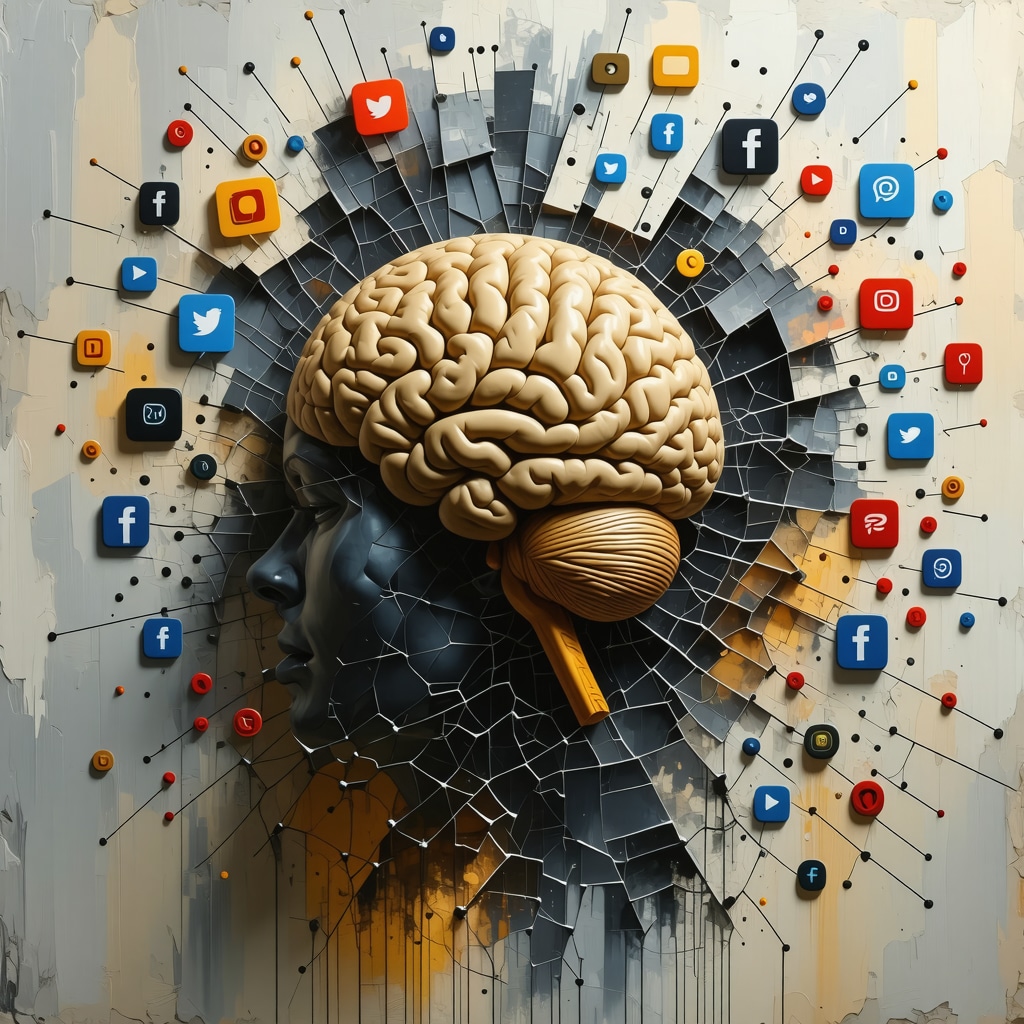 Abstract digital art showing a broken mirror reflecting a brain with neural connections and social media icons representing superstition and neuroscience