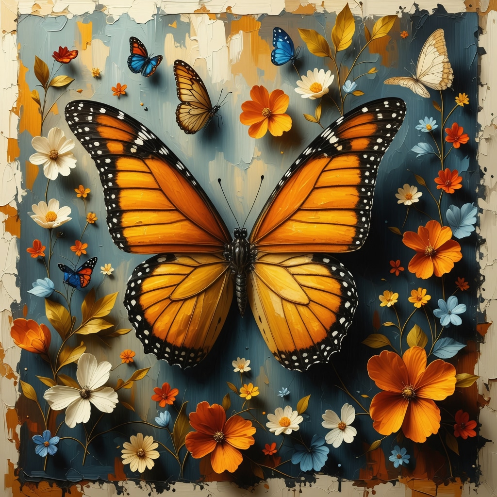 Butterfly emerging from chrysalis surrounded by cultural and psychological symbolic motifs