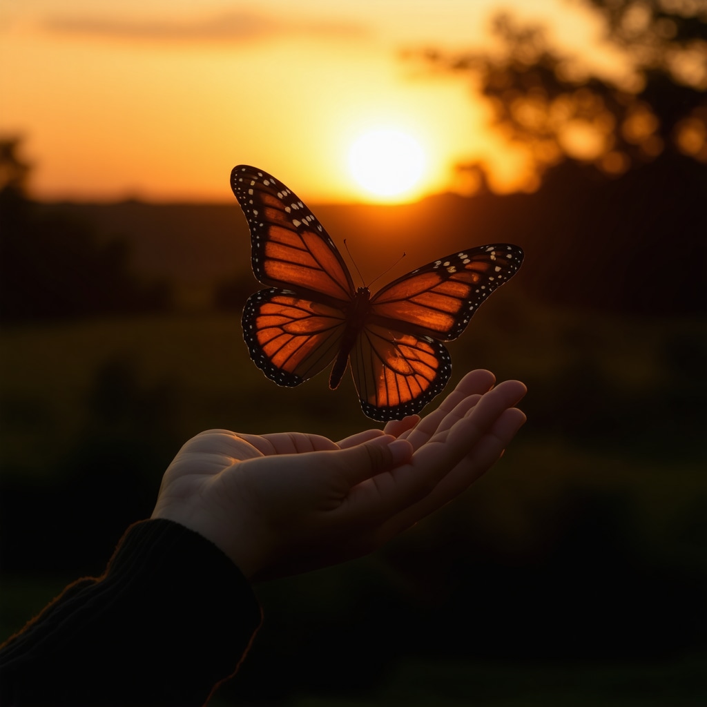 A butterfly resting calmly on a person's hand at sunset, representing subtle signs from nature.