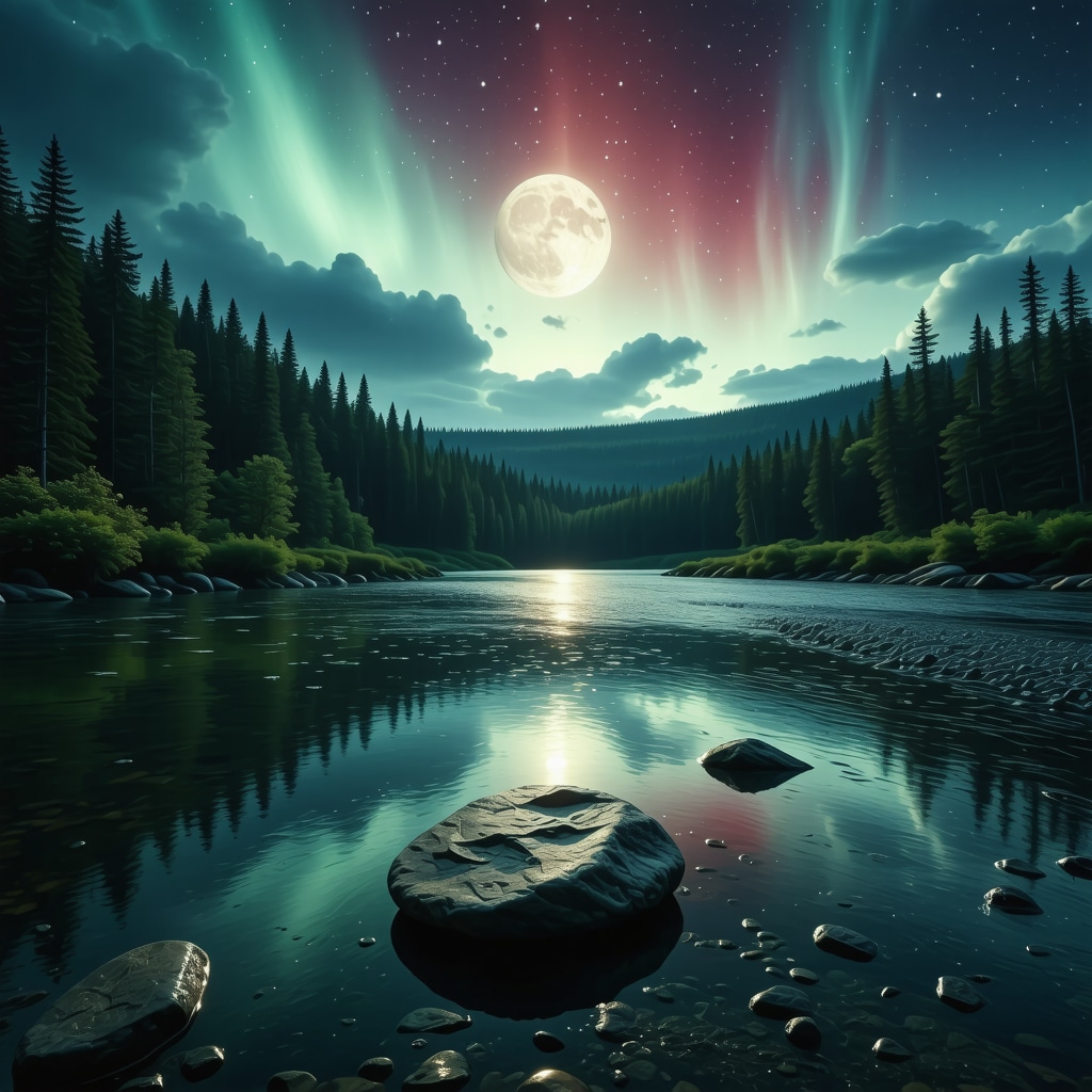 A peaceful Canadian river flowing under a full moon with auroras boreales illuminating the night sky, featuring a smooth stone in the riverbed representing traditional love rituals