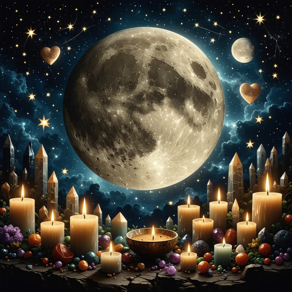 Illustration of moon, Venus, zodiac constellations, hearts, crystals, and candles representing love presages