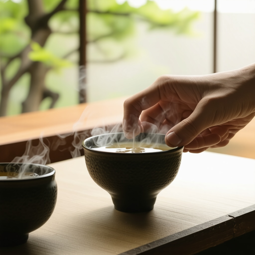 Persona preparando té en ceremonia japonesa con movimientos meditativos y ambiente sereno