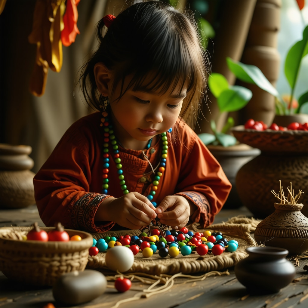 Child crafting a personalized amulet surrounded by cultural symbols