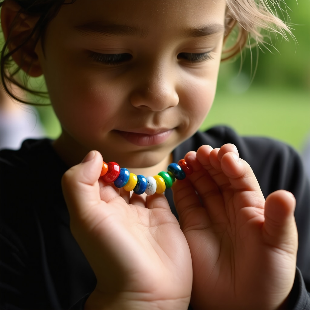 Child's hand holding a colorful amulet bracelet symbolizing protection and emotional connection