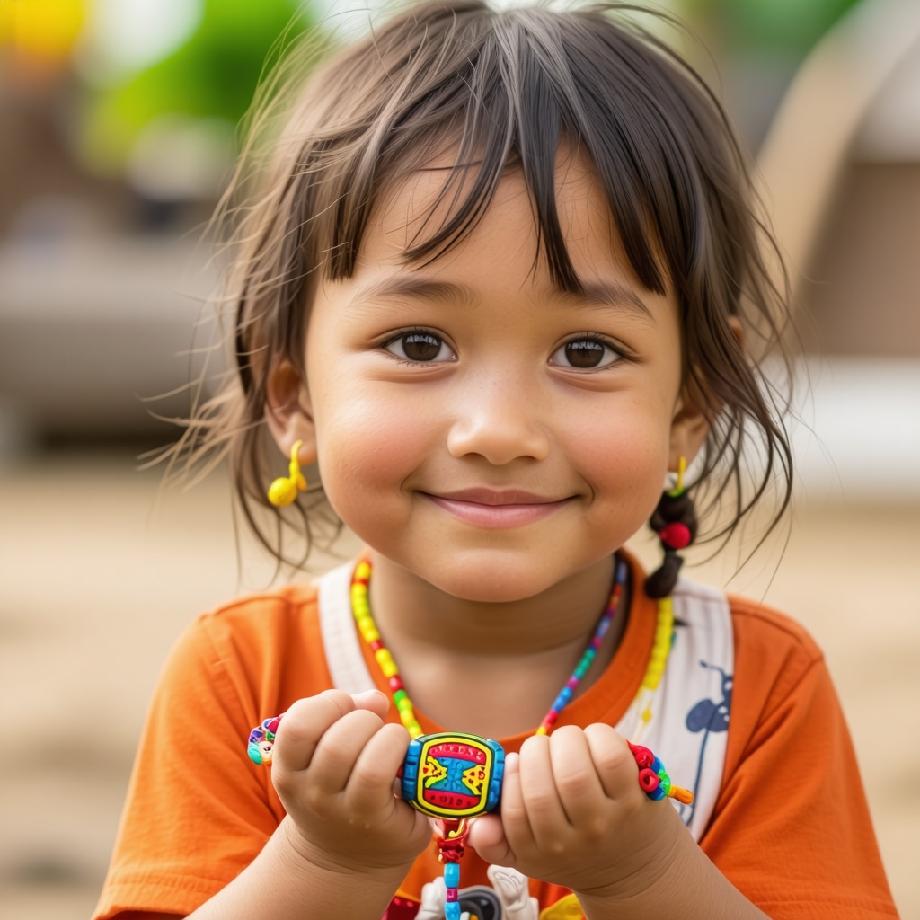 Child holding a colorful protective amulet bracelet with cultural symbols